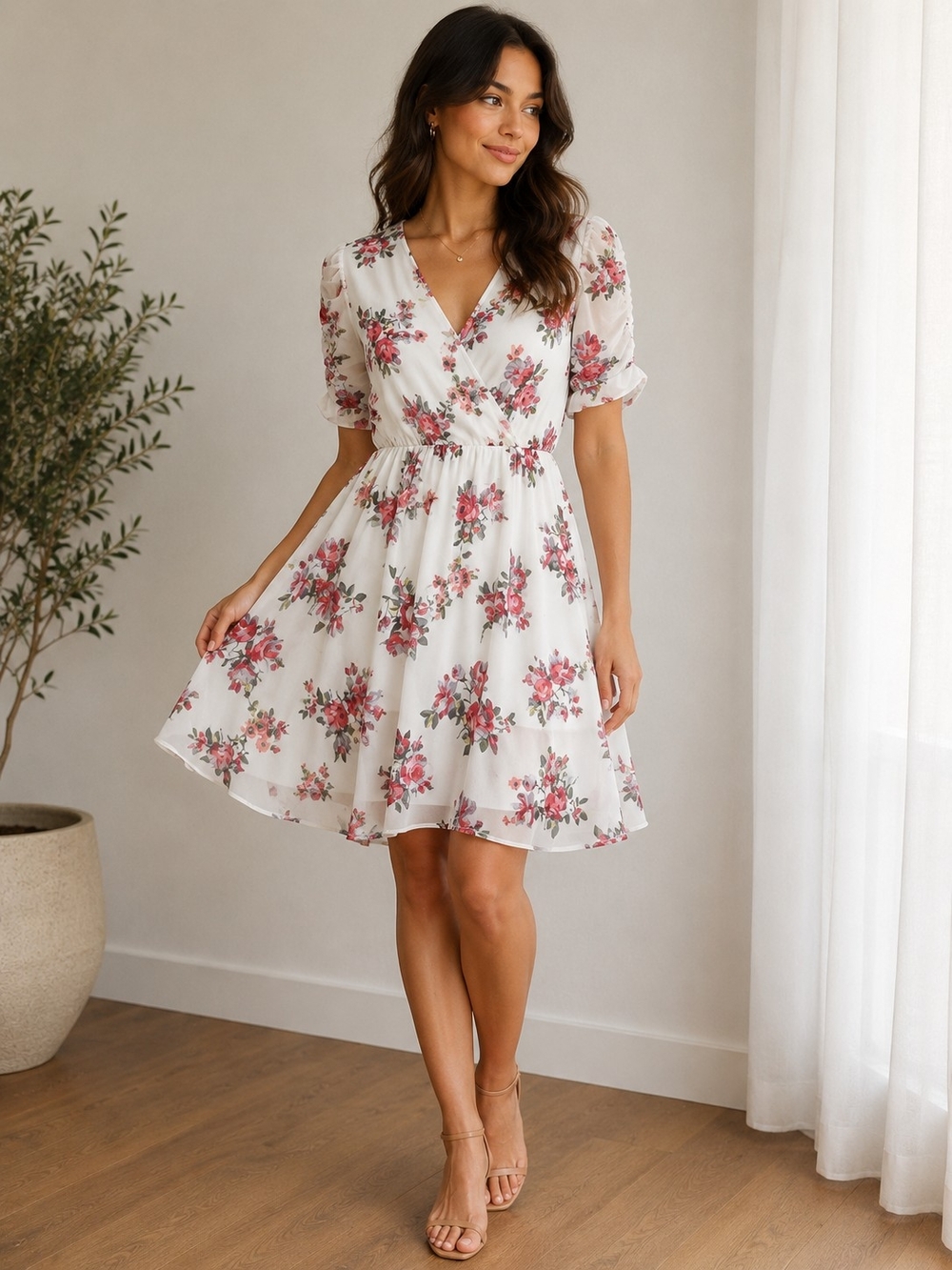 Maurices White Mini Dress with Pink Floral Print